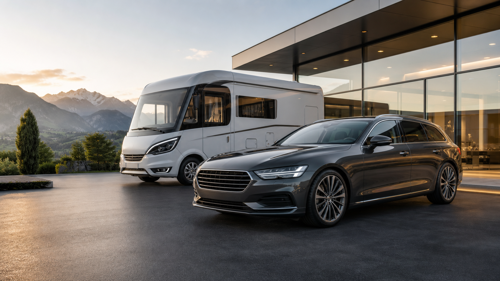 FalchAuto cars and motorhomes in a modern Swiss showroom